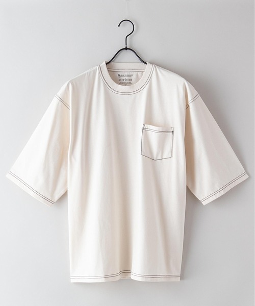 Blue Standard (ブルースタンダード)の「【BLUE STANDARD/ブルースタンダード】汗染みの目立ちにくいTシャツ ZEROSTAIN 配色ステッチビッグTシャツ(Tシャツ/カットソー・メンズ・アイボリー/ベージュ/サックスブルー/ピンク系その他/ブラック・LARGE/MEDIUM/X-LARGE)」の4枚目の写真