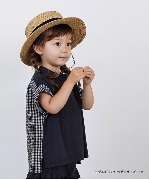 quoti use fith（クゥオティ　ユース　フィス）の「天竺 ギンガムチェック 5分袖BIG Tシャツ（Tシャツ/カットソー・キッズ・ブラック/ブルー・90/100/110/120/80/130）」の2枚目の写真