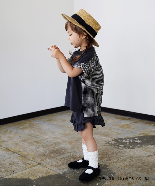 quoti use fith（クゥオティ　ユース　フィス）の「天竺 ギンガムチェック 5分袖BIG Tシャツ（Tシャツ/カットソー・キッズ・ブラック/ブルー・90/100/110/120/80/130）」の4枚目の写真