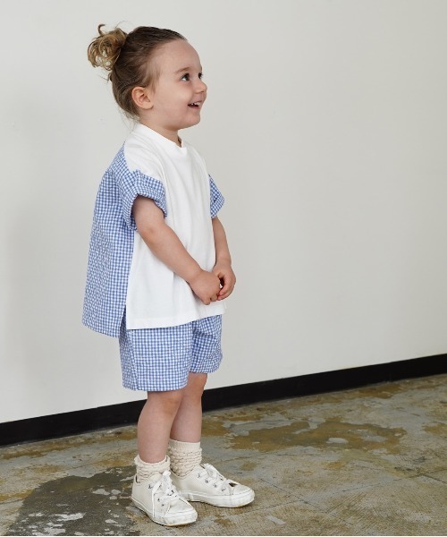 quoti use fith（クゥオティ　ユース　フィス）の「天竺 ギンガムチェック 5分袖BIG Tシャツ（Tシャツ/カットソー・キッズ・ブラック/ブルー・90/100/110/120/80/130）」の9枚目の写真
