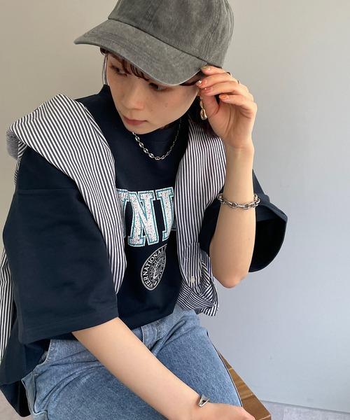 DISCOAT（ディスコート）の「《WEB限定》【ユニセックス】サークルカレッジロゴ半袖Tシャツ（Tシャツ/カットソー・レディース・ベージュ/ネイビー/ホワイト×レッド/ホワイト×ネイビー・FREE）」の18枚目の写真