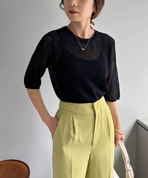 CAPRICIEUX LE'MAGE（カプリシューレマージュ）の「シアーリブハーフスリーブプルオーバー（ニット/セーター・レディース・ホワイト系その他/ブラック/ベージュ/グリーン・FREE）」の3枚目の写真