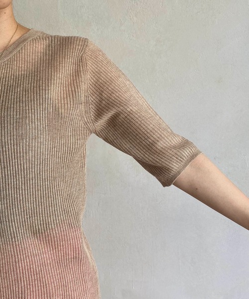 CAPRICIEUX LE'MAGE（カプリシューレマージュ）の「シアーリブハーフスリーブプルオーバー（ニット/セーター・レディース・ホワイト系その他/ブラック/ベージュ/グリーン・FREE）」の9枚目の写真