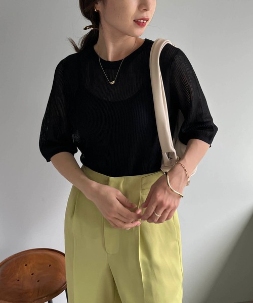 CAPRICIEUX LE'MAGE（カプリシューレマージュ）の「シアーリブハーフスリーブプルオーバー（ニット/セーター・レディース・ホワイト系その他/ブラック/ベージュ/グリーン・FREE）」の11枚目の写真