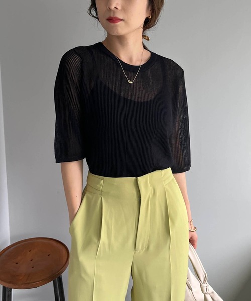 CAPRICIEUX LE'MAGE（カプリシューレマージュ）の「シアーリブハーフスリーブプルオーバー（ニット/セーター・レディース・ホワイト系その他/ブラック/ベージュ/グリーン・FREE）」の12枚目の写真