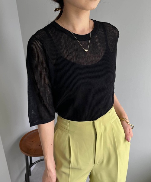 CAPRICIEUX LE'MAGE（カプリシューレマージュ）の「シアーリブハーフスリーブプルオーバー（ニット/セーター・レディース・ホワイト系その他/ブラック/ベージュ/グリーン・FREE）」の14枚目の写真