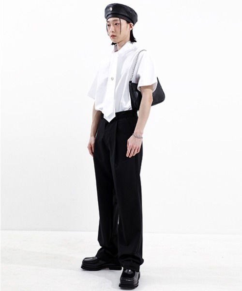 BASIC COTTON(ベーシックコットン)の「A'GEM/9 × .kom『BASIC COTTON/ベーシックコットン』TIE HALF SHIRT/タイハーフ シャツ 半袖(Tシャツ/カットソー・メンズ・ホワイト/ブラック・FREE)」の7枚目の写真