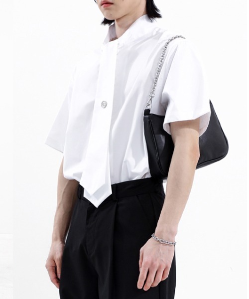 BASIC COTTON(ベーシックコットン)の「A'GEM/9 × .kom『BASIC COTTON/ベーシックコットン』TIE HALF SHIRT/タイハーフ シャツ 半袖(Tシャツ/カットソー・メンズ・ホワイト/ブラック・FREE)」の12枚目の写真