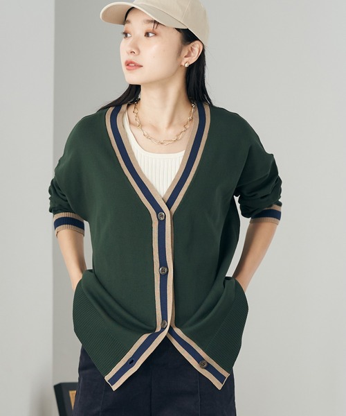 earth music&ecology（アースミュージックアンドエコロジー）の「配色トリムカーディガン（カーディガン/ボレロ・レディース・ネイビー/マスタード/グリーン/グレー/アイボリー/ブラウン・FREE）」の4枚目の写真