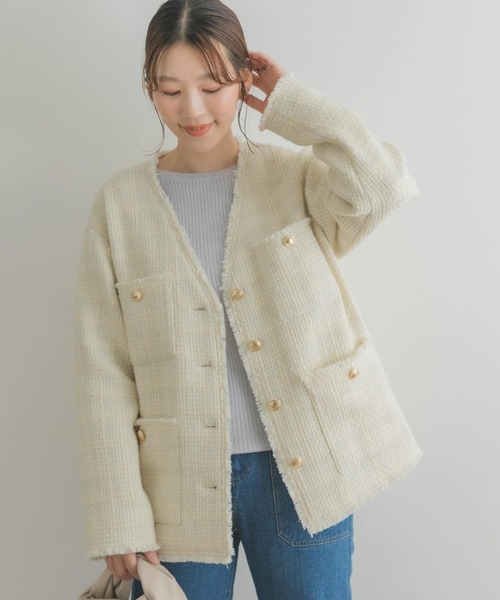 F by ROSSO（エフバイロッソ）の「F by ROSSO　ウールツイードノーカラージャケット（ノーカラージャケット・レディース・ネイビー/オフホワイト・38/36）」の4枚目の写真