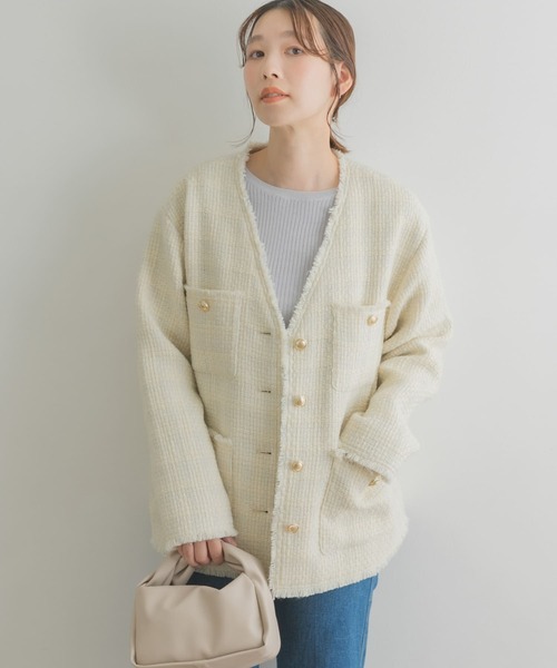 F by ROSSO（エフバイロッソ）の「F by ROSSO　ウールツイードノーカラージャケット（ノーカラージャケット・レディース・ネイビー/オフホワイト・38/36）」の5枚目の写真