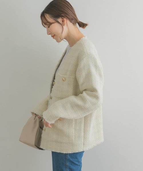 F by ROSSO（エフバイロッソ）の「F by ROSSO　ウールツイードノーカラージャケット（ノーカラージャケット・レディース・ネイビー/オフホワイト・38/36）」の7枚目の写真