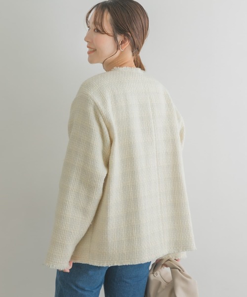 F by ROSSO（エフバイロッソ）の「F by ROSSO　ウールツイードノーカラージャケット（ノーカラージャケット・レディース・ネイビー/オフホワイト・38/36）」の8枚目の写真