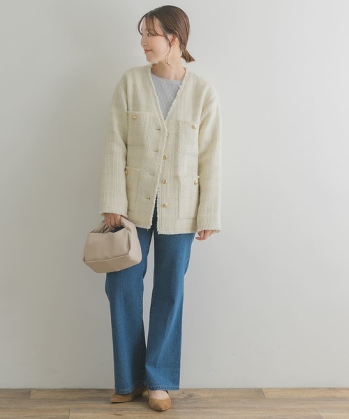 F by ROSSO（エフバイロッソ）の「F by ROSSO　ウールツイードノーカラージャケット（ノーカラージャケット・レディース・ネイビー/オフホワイト・38/36）」の9枚目の写真