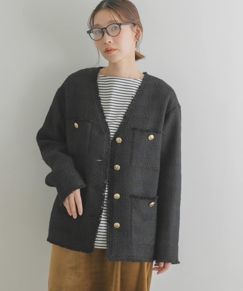 F by ROSSO（エフバイロッソ）の「F by ROSSO　ウールツイードノーカラージャケット（ノーカラージャケット・レディース・ネイビー/オフホワイト・38/36）」の12枚目の写真