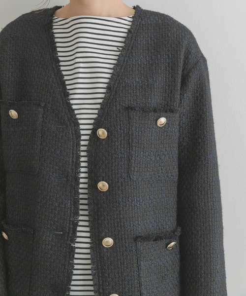 F by ROSSO（エフバイロッソ）の「F by ROSSO　ウールツイードノーカラージャケット（ノーカラージャケット・レディース・ネイビー/オフホワイト・38/36）」の21枚目の写真