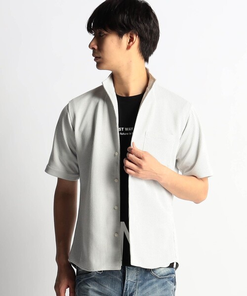 HIDEAWAYS NICOLE（ハイダウェイニコル）の「ボックスミニワッフルイタリアンカラー半袖シャツ（シャツ/ブラウス・メンズ・ホワイト×ブラック/ネイビー/ホワイト・MEDIUM/LARGE/X-LARGE/M）」の2枚目の写真