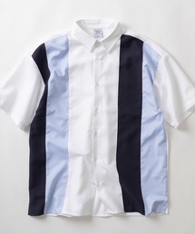 make a ray!（メイク ア レイ！）の「異素材 ストライプ柄切り替えミックスデザイン レギュラーカラー半袖シャツ/布帛異素材 切り替え とろみシャツ/ビッグシルエット（シャツ/ブラウス・メンズ）」