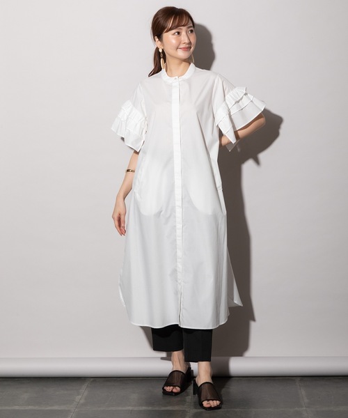 MHBG TOKYO(エムエイチビージートーキョー)の「フリルスリーブ シャツワンピース(シャツワンピース・レディース・ブラック/オフホワイト/ブルー・FREE)」の8枚目の写真