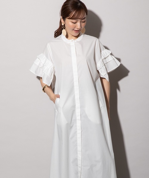 MHBG TOKYO(エムエイチビージートーキョー)の「フリルスリーブ シャツワンピース(シャツワンピース・レディース・ブラック/オフホワイト/ブルー・FREE)」の9枚目の写真