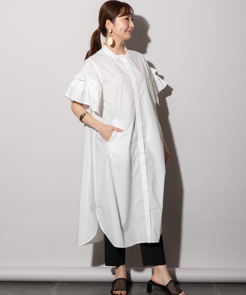 MHBG TOKYO(エムエイチビージートーキョー)の「フリルスリーブ シャツワンピース(シャツワンピース・レディース・ブラック/オフホワイト/ブルー・FREE)」の5枚目の写真
