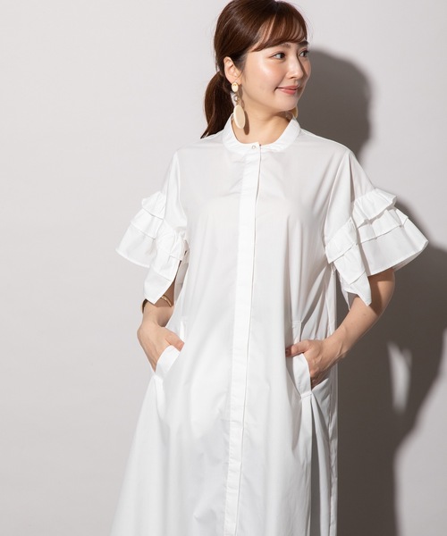 MHBG TOKYO(エムエイチビージートーキョー)の「フリルスリーブ シャツワンピース(シャツワンピース・レディース・ブラック/オフホワイト/ブルー・FREE)」の7枚目の写真