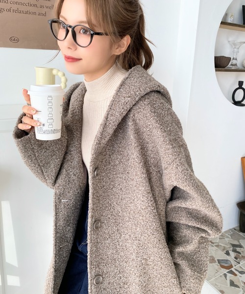 moment+（モーメントプラス）の「リングフェイクウールミドル丈フードコート（その他アウター・レディース・ベージュ/チャコールグレー/ブラウン/アイボリー/ブラック・M）」の5枚目の写真