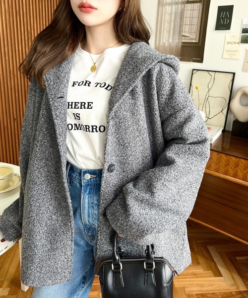 moment+（モーメントプラス）の「リングフェイクウールミドル丈フードコート（その他アウター・レディース・ベージュ/チャコールグレー/ブラウン/アイボリー/ブラック・M）」の4枚目の写真