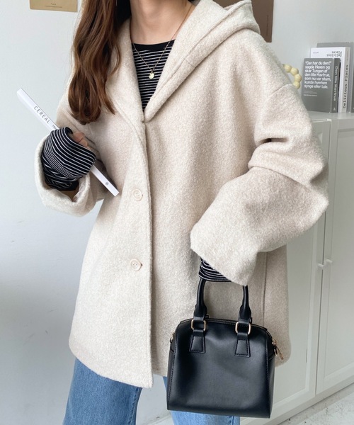 moment+（モーメントプラス）の「リングフェイクウールミドル丈フードコート（その他アウター・レディース・ベージュ/チャコールグレー/ブラウン/アイボリー/ブラック・M）」の2枚目の写真