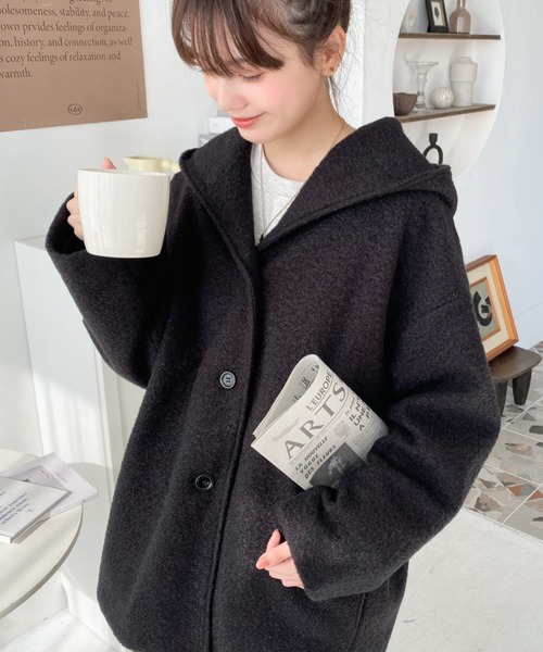 moment+（モーメントプラス）の「リングフェイクウールミドル丈フードコート（その他アウター・レディース・ベージュ/チャコールグレー/ブラウン/アイボリー/ブラック・M）」の3枚目の写真