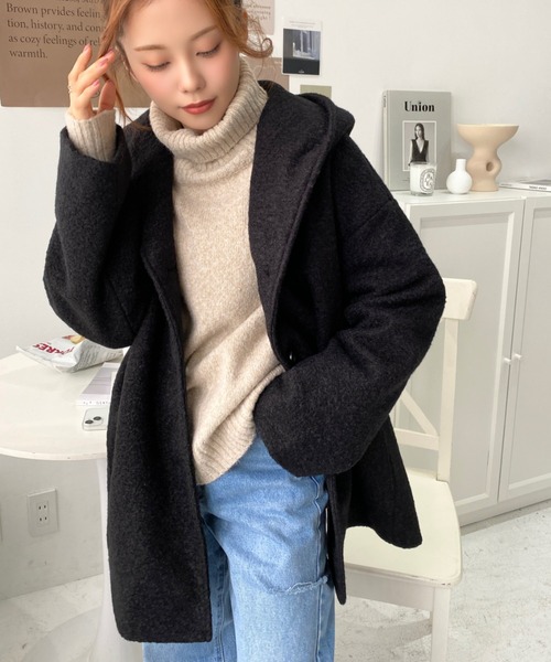 moment+（モーメントプラス）の「リングフェイクウールミドル丈フードコート（その他アウター・レディース・ベージュ/チャコールグレー/ブラウン/アイボリー/ブラック・M）」の18枚目の写真