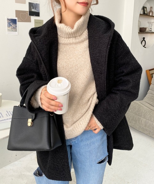 moment+（モーメントプラス）の「リングフェイクウールミドル丈フードコート（その他アウター・レディース・ベージュ/チャコールグレー/ブラウン/アイボリー/ブラック・M）」の19枚目の写真