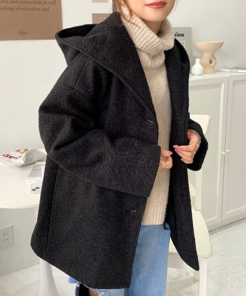 moment+（モーメントプラス）の「リングフェイクウールミドル丈フードコート（その他アウター・レディース・ベージュ/チャコールグレー/ブラウン/アイボリー/ブラック・M）」の17枚目の写真