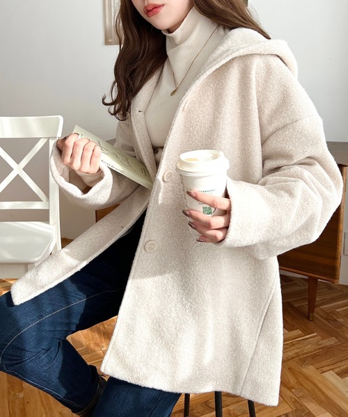 moment+（モーメントプラス）の「リングフェイクウールミドル丈フードコート（その他アウター・レディース・ベージュ/チャコールグレー/ブラウン/アイボリー/ブラック・M）」の7枚目の写真