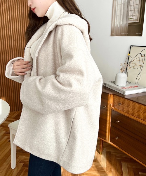 moment+（モーメントプラス）の「リングフェイクウールミドル丈フードコート（その他アウター・レディース・ベージュ/チャコールグレー/ブラウン/アイボリー/ブラック・M）」の9枚目の写真