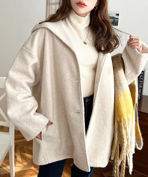 moment+（モーメントプラス）の「リングフェイクウールミドル丈フードコート（その他アウター・レディース・ベージュ/チャコールグレー/ブラウン/アイボリー/ブラック・M）」の10枚目の写真