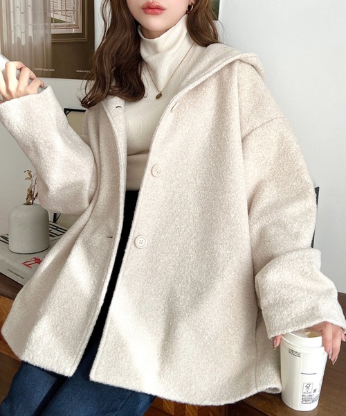 moment+（モーメントプラス）の「リングフェイクウールミドル丈フードコート（その他アウター・レディース・ベージュ/チャコールグレー/ブラウン/アイボリー/ブラック・M）」の12枚目の写真