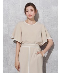 Perfect Suit FActory | 【セットアップ可能】バイカラーパイピング　ブラウス　ベージュ/グリーン(シャツ/ブラウス)