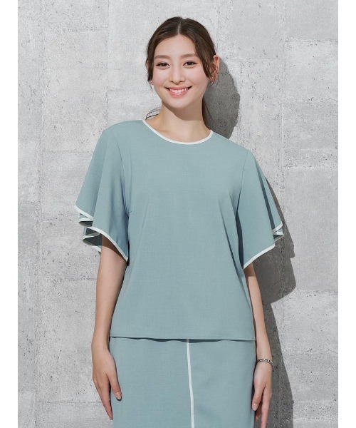 Perfect Suit FActory（パーフェクトスーツファクトリー）の「【セットアップ可能】バイカラーパイピング　ブラウス　ベージュ/グリーン（シャツ/ブラウス・レディース・ベージュ/ライトグリーン・M/L/S）」の2枚目の写真