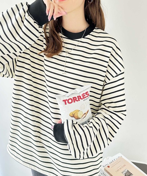GeeRA(ジーラ)の「裾ドロストボーダーロンT(Tシャツ/カットソー・レディース・ブラック/オフホワイト・MEDIUM)」の2枚目の写真