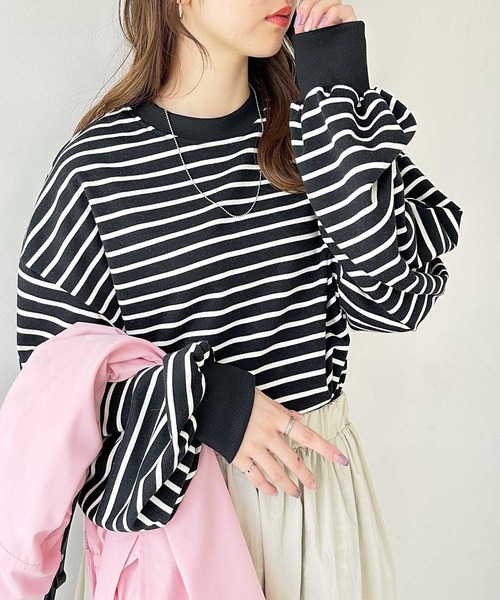 GeeRA(ジーラ)の「裾ドロストボーダーロンT(Tシャツ/カットソー・レディース・ブラック/オフホワイト・MEDIUM)」の1枚目の写真