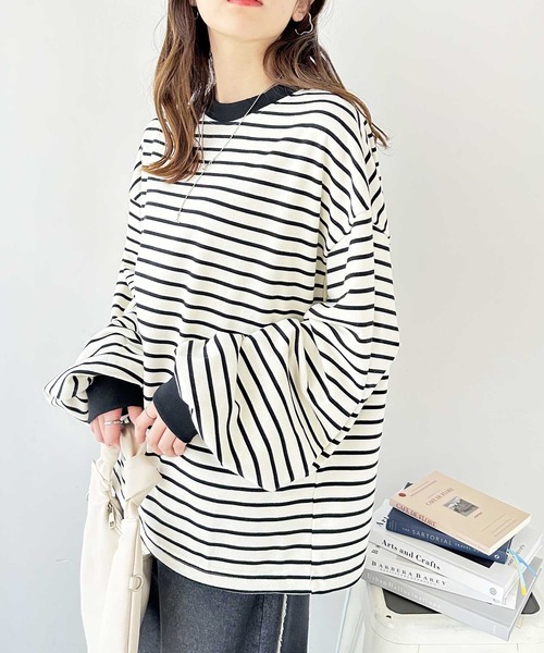 GeeRA(ジーラ)の「裾ドロストボーダーロンT(Tシャツ/カットソー・レディース・ブラック/オフホワイト・MEDIUM)」の8枚目の写真
