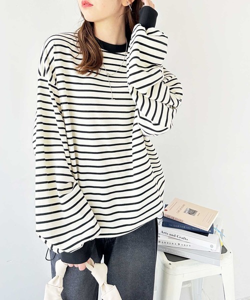 GeeRA(ジーラ)の「裾ドロストボーダーロンT(Tシャツ/カットソー・レディース・ブラック/オフホワイト・MEDIUM)」の6枚目の写真