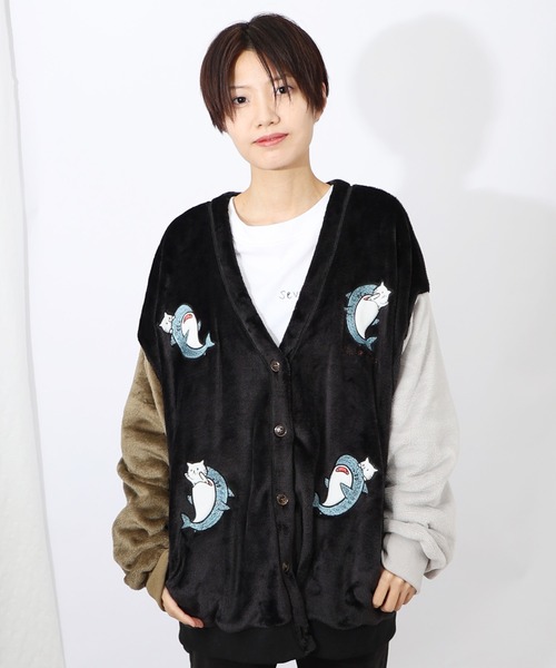 SOPH. F.C.Real Bristol ナイロンパンツ(BLACK) 333027：サメとネコ刺繍 ふんわり配色切替カーディガン