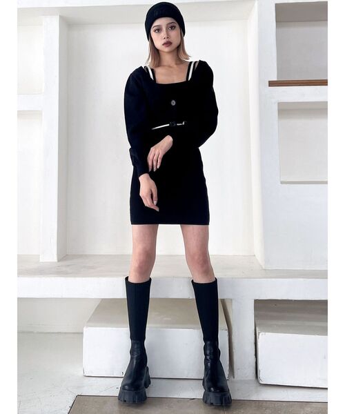 GYDA（ジェイダ）の「GYDA HEMLINEカーディガンアンサンブルニットワンピース（ワンピース・レディース・ブラック/オフホワイト・FREE）」の6枚目の写真