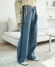 【体形に合わせてウエストホックで華奢見え】サイドツートンバイカラービンテージストレートデニムパンツ