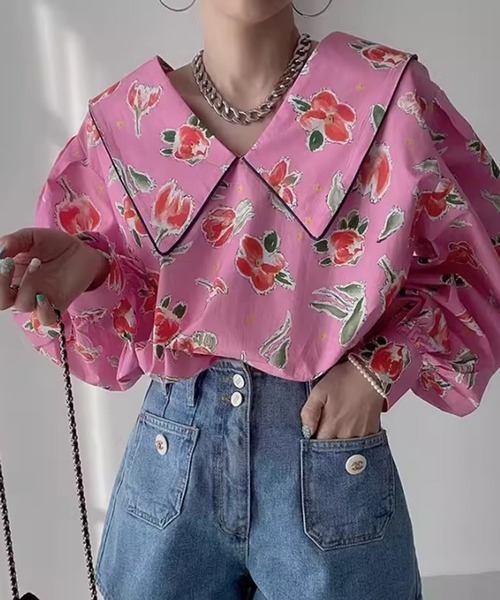 ブラウス シャツ ビッグカラー 花柄 パフスリーブ 前後2WAY ブラウス レディース ビッグカラー 花柄 パフスリーブ 前後2WAY ブラウス（シャツ