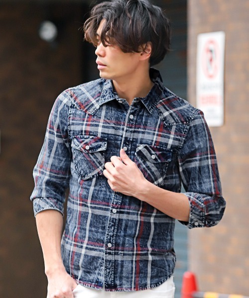 LUXSTYLE(ラグスタイル)の「インディゴチェック7分袖シャツ(シャツ/ブラウス・メンズ・ブルー系その他2/ブルー系その他・XL/L/M)」の5枚目の写真