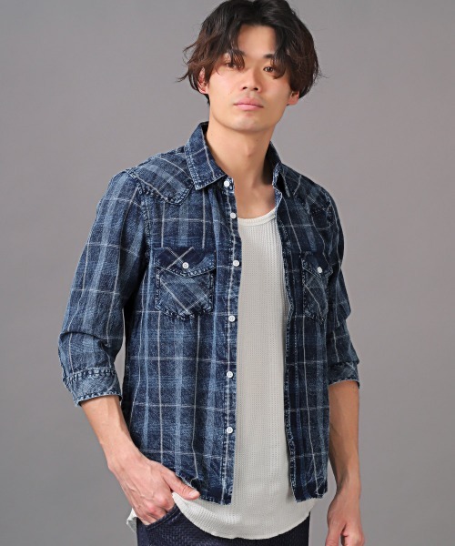 LUXSTYLE(ラグスタイル)の「インディゴチェック7分袖シャツ(シャツ/ブラウス・メンズ・ブルー系その他2/ブルー系その他・XL/L/M)」の7枚目の写真