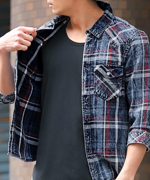 セール】インディゴチェック7分袖シャツ（シャツ/ブラウス